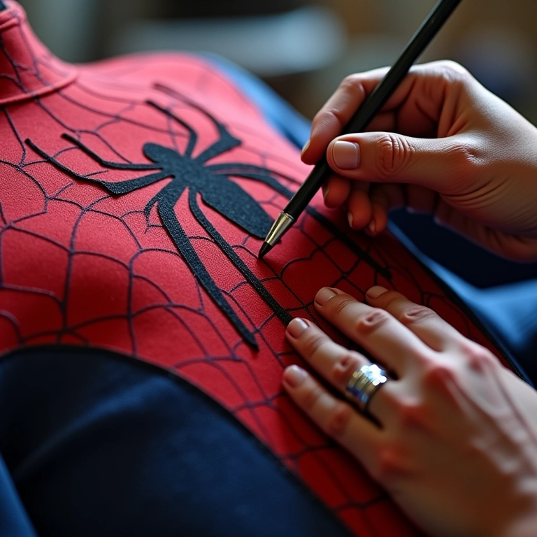 Adicionando detalhes à fantasia do Homem-Aranha.