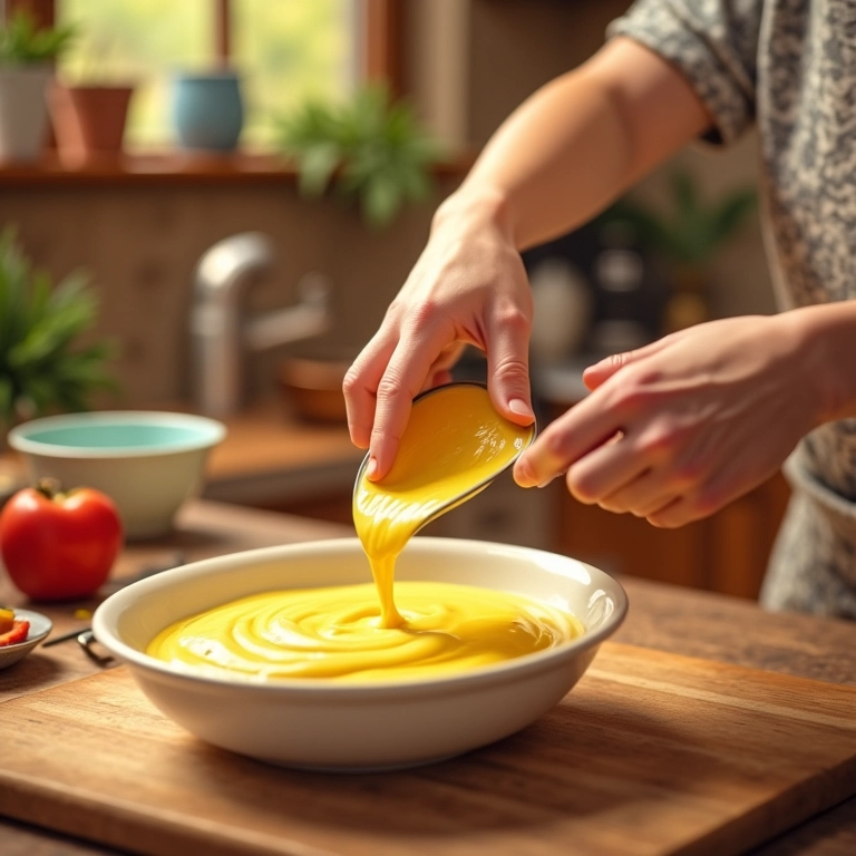 Adicionando óleo à massa do bolo em cozinha colorida.