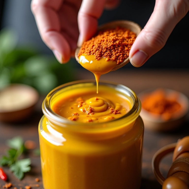 Adicionando pimenta à mostarda caseira para controlar a picância.