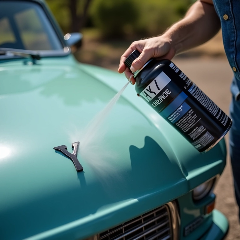 Aplicação de verniz fosco da marca Y no capô de um carro vintage.