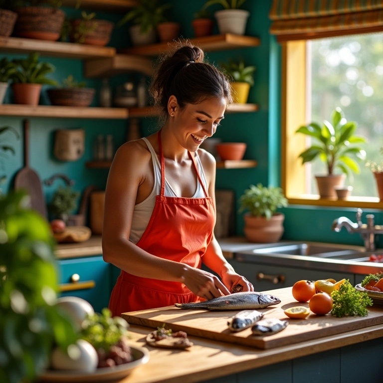 Arquiteta sorrindo ao preparar peixe empanado em cozinha colorida.
