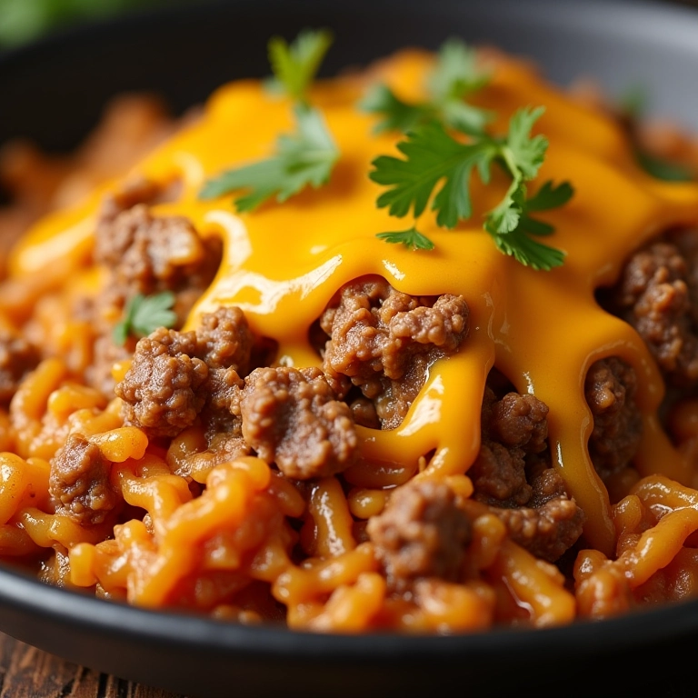 Arroz de forno com carne moída e queijo derretido, uma combinação perfeita de sabor e praticidade.