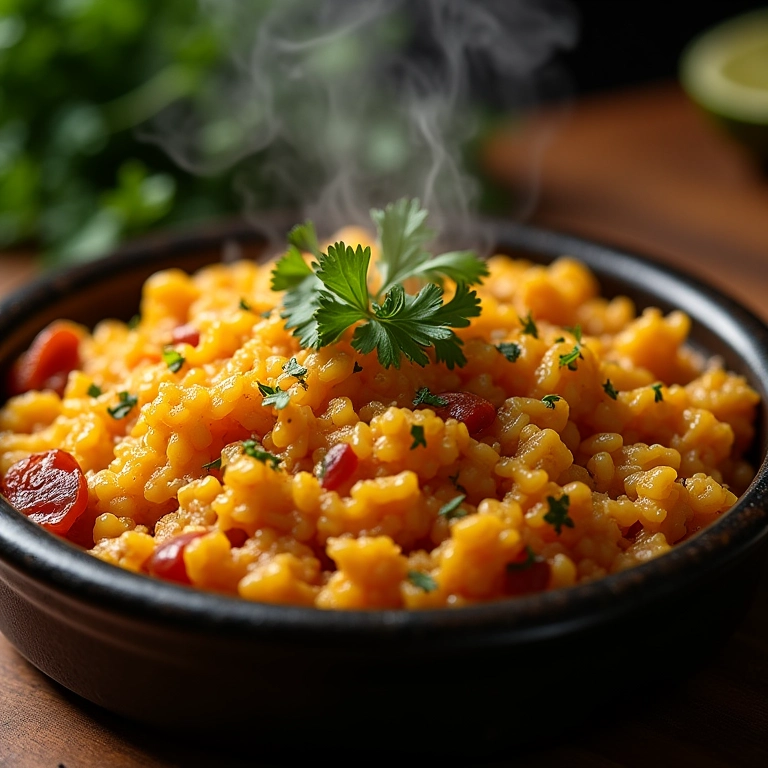 Arroz de forno cremoso em travessa rústica, pronto para servir, com ervas frescas e vapor.