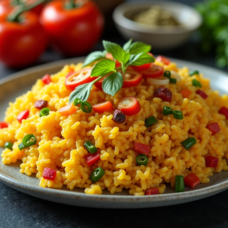 Arroz de forno vegetariano, com legumes coloridos e apresentação vibrante.