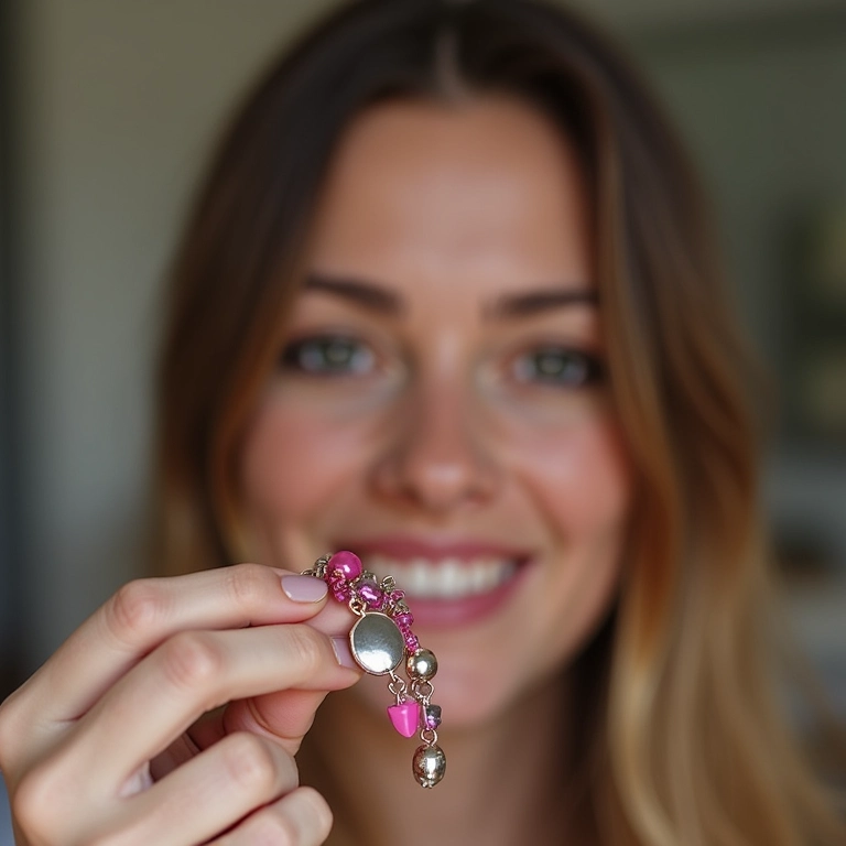 Artesã exibe lembrancinha da Barbie feita à mão.