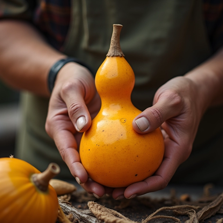 Artesão moldando uma cuia de chimarrão em oficina ensolarada.