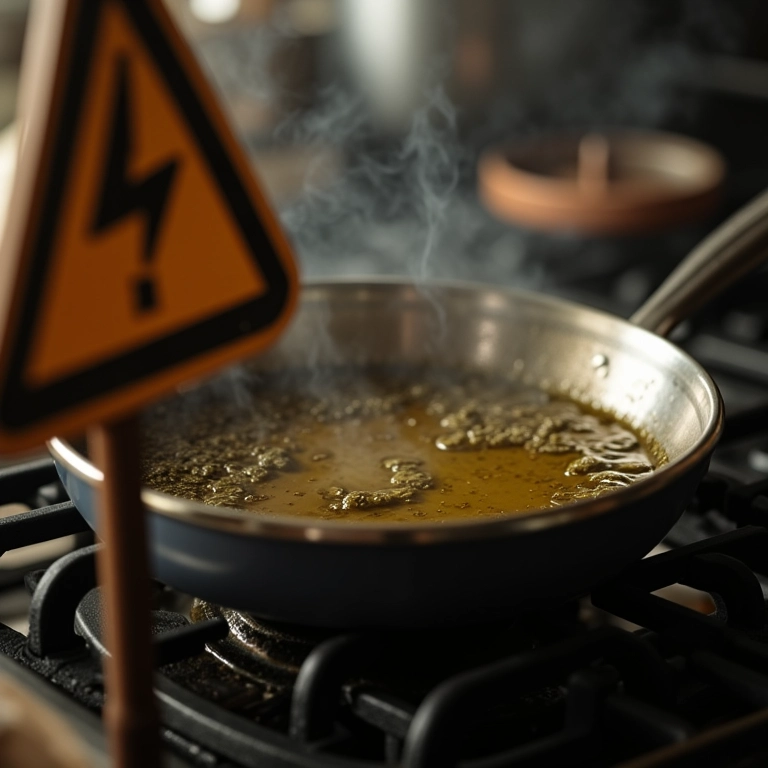 Atenção: azeite fumegando em panela, sinal de superaquecimento.
