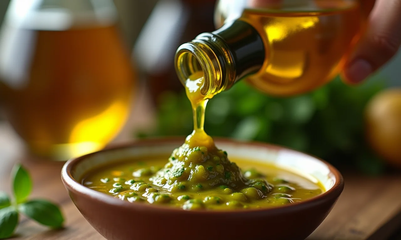 Azeite de oliva extravirgem sendo adicionado ao chimichurri.