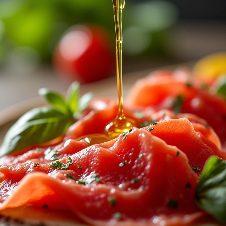Azeite extra virgem sendo adicionado ao carpaccio.