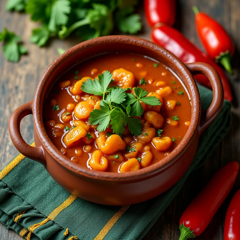Baião de dois autêntico em panela de barro, com ingredientes frescos ao redor.