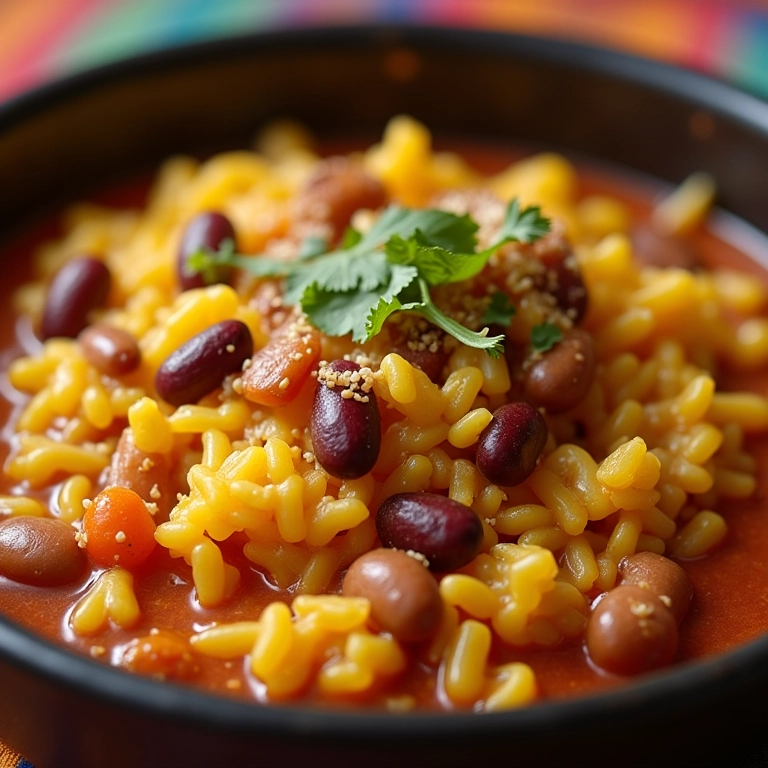 Baião de dois tradicional com arroz, feijão, queijo e especiarias em cenário Farm Rio.