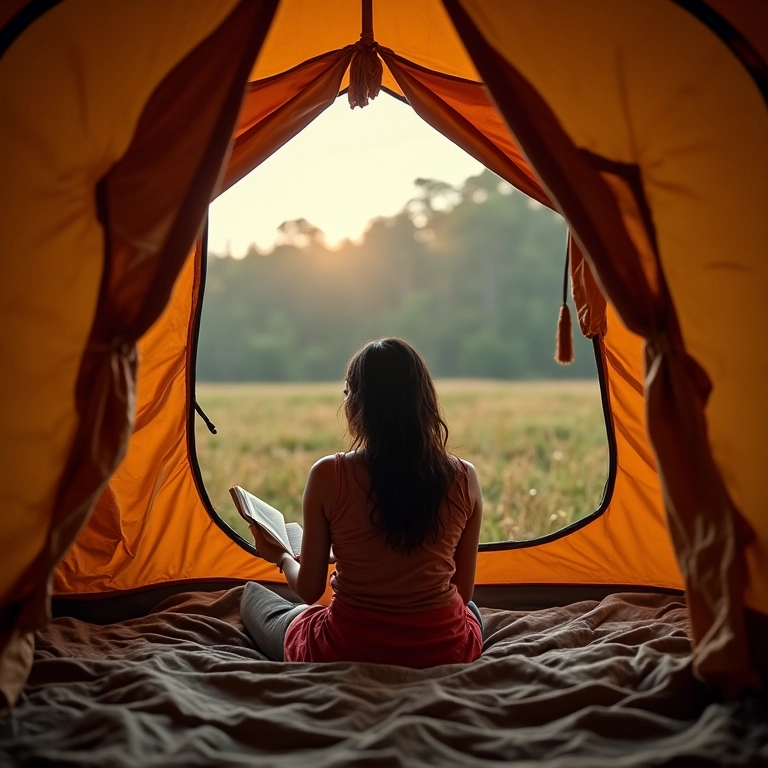 Barraca de camping com porta e janela abertas, ventilada.