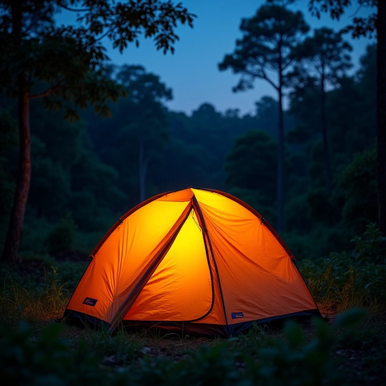 Barraca de camping iluminada em meio à natureza brasileira.