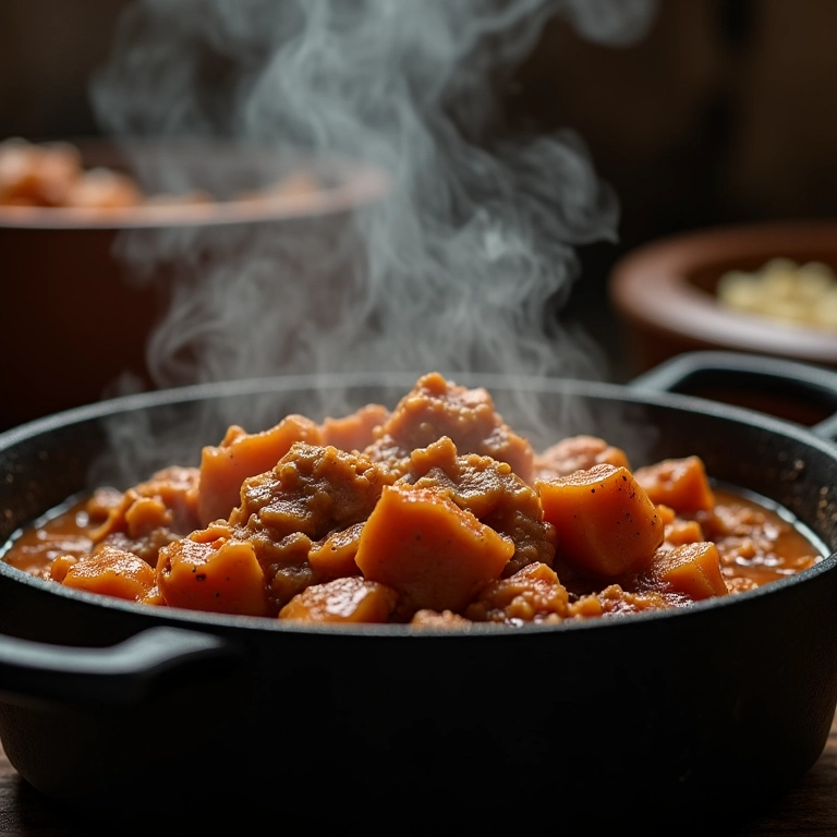 Barreado cozinhando em panela de barro, prato típico do Paraná.
