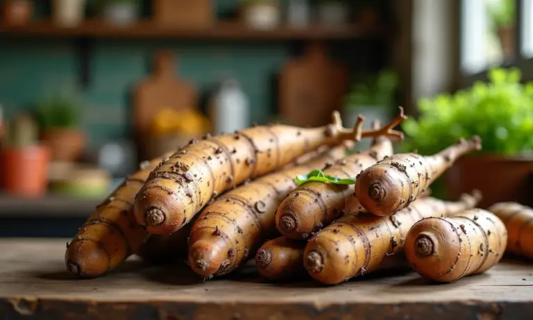 Batata yacon fresca exibida em mesa de madeira rústica.