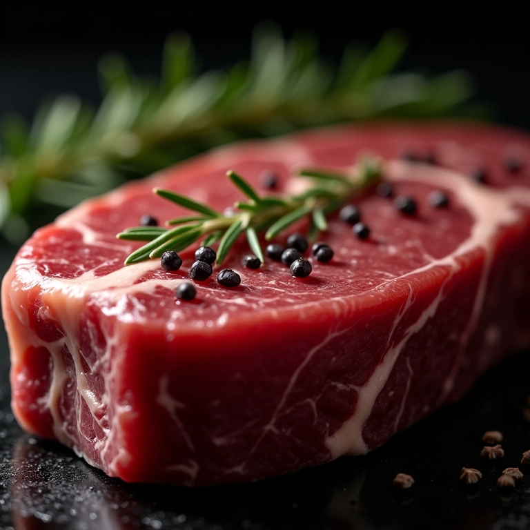 Bife cru temperado com alecrim, alho e pimenta preta.