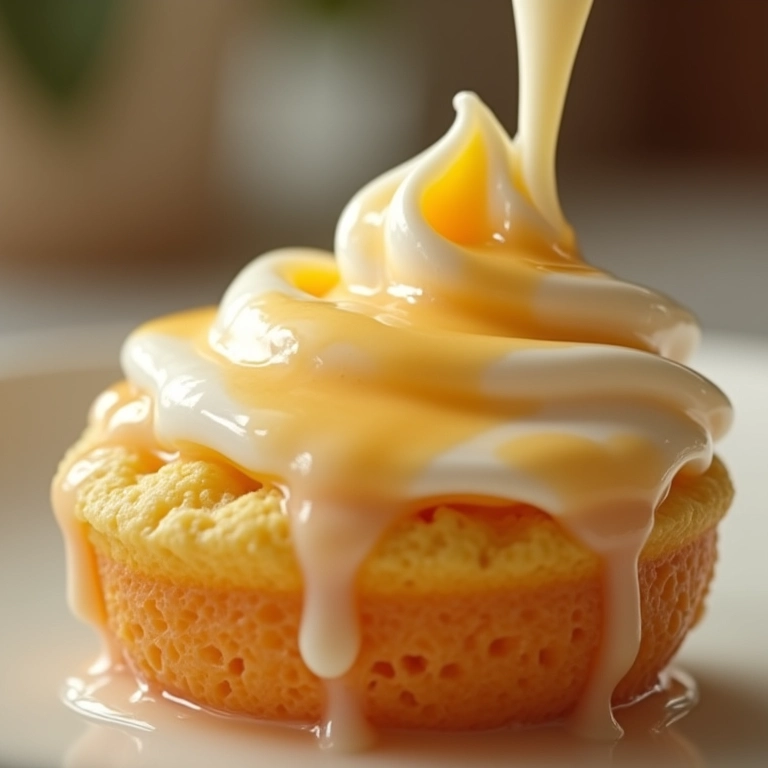 Bolo gelado sendo molhado com leite condensado, close-up.