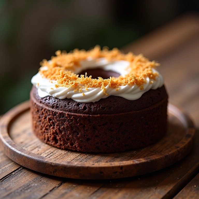 Bolo Prestígio decorado com coco ralado e raspas de chocolate.