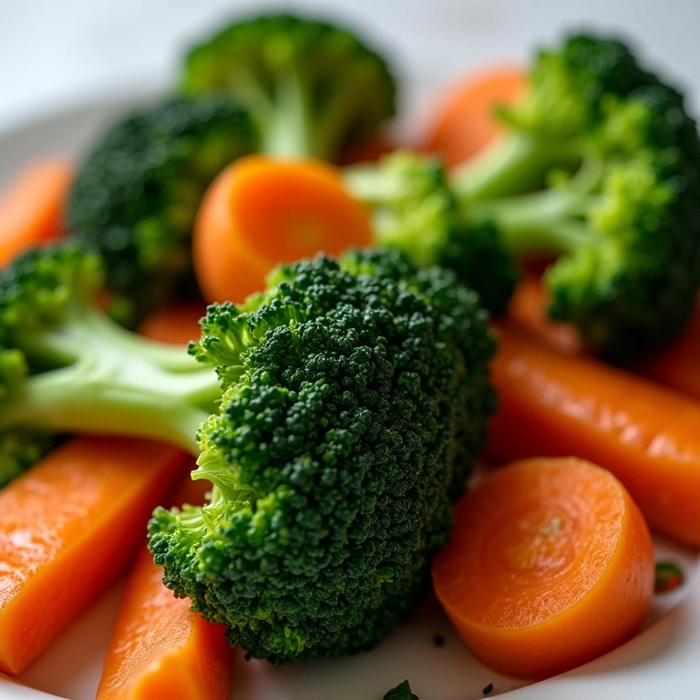 Brócolis e cenouras cozidos no vapor com cores vibrantes e brilho natural.