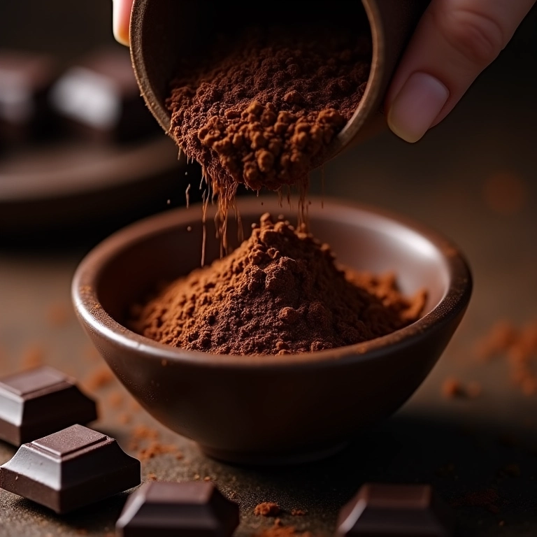 Cacau em pó de alta qualidade sendo peneirado.