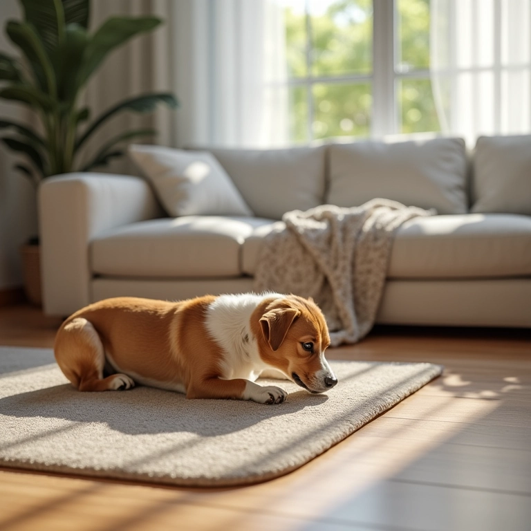 Cachorro usando tapete higiênico em apartamento.