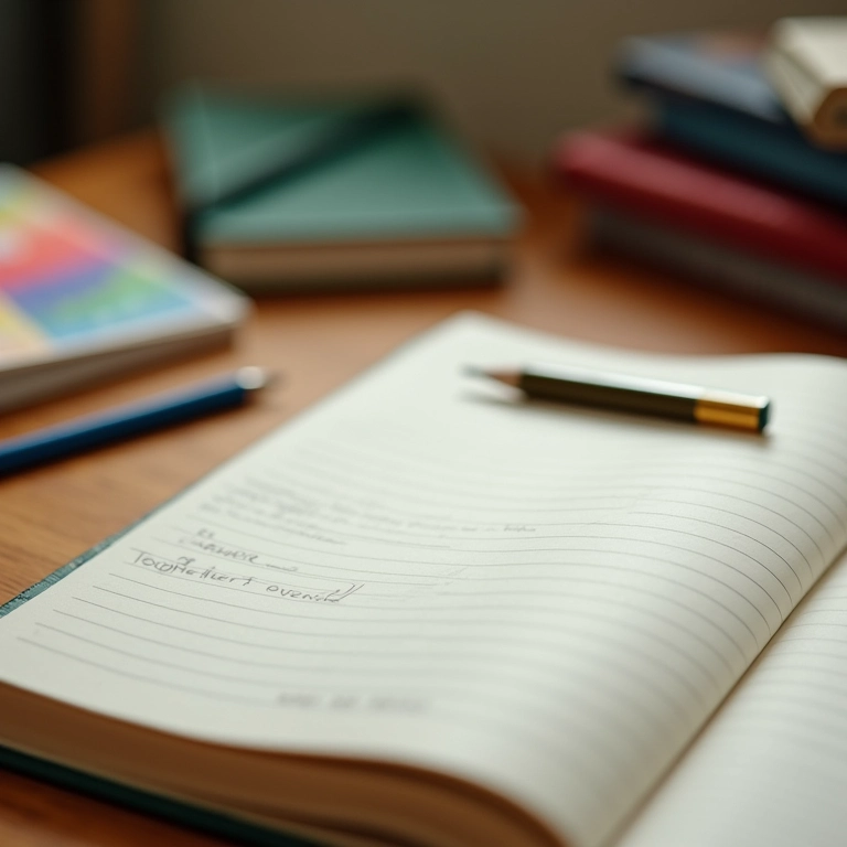 Caderno aberto com lápis em mesa de madeira, material escolar ao redor.