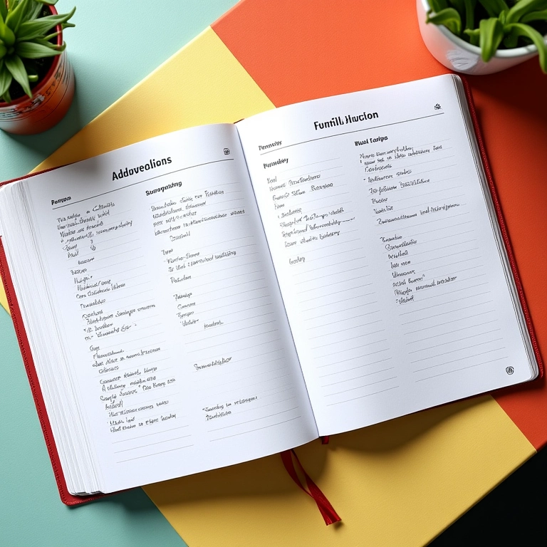 Caderno de planejamento de refeições aberto sobre mesa colorida, com receitas e listas de compras.