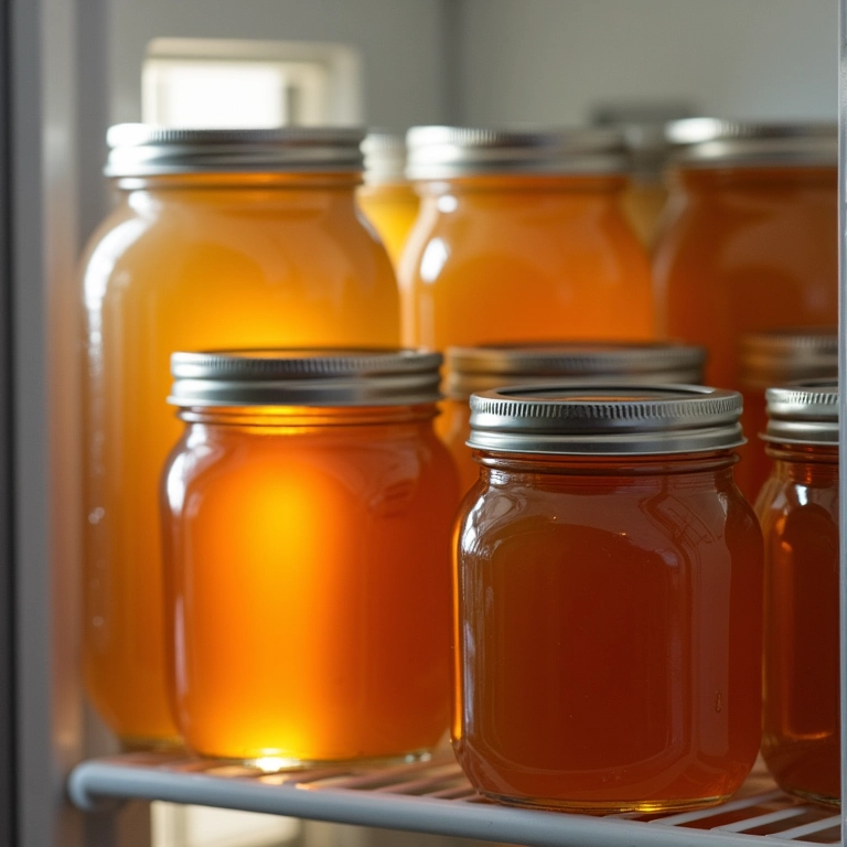 Caldo de ossos armazenado em potes de vidro na geladeira.