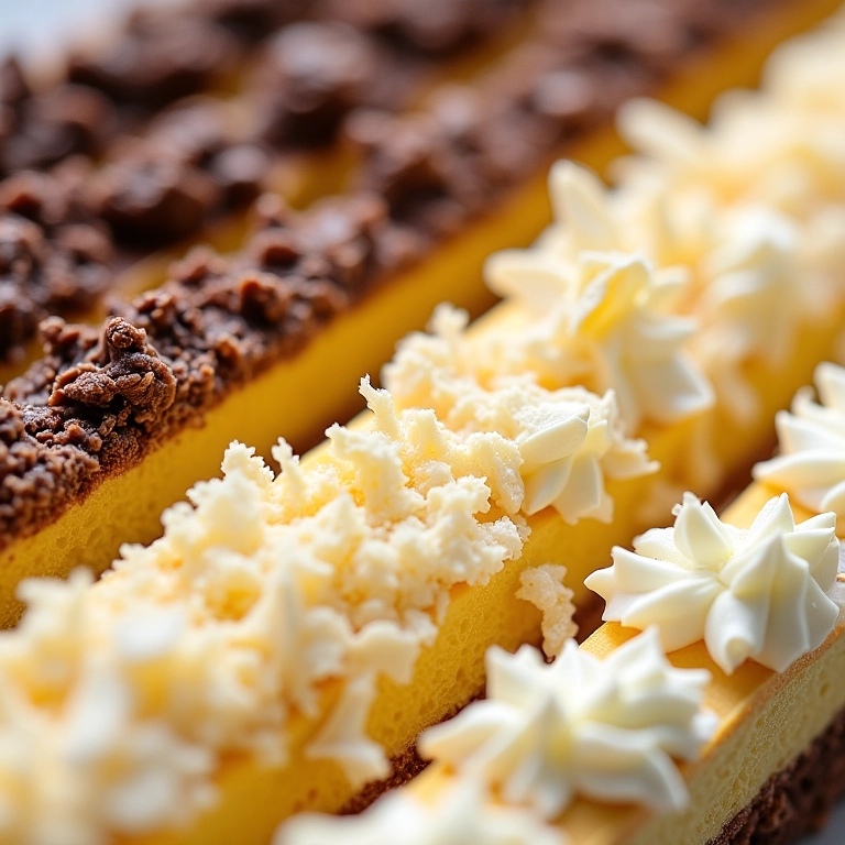 Camadas de bolo gelado de chocolate, coco e baunilha, textura e umidade.