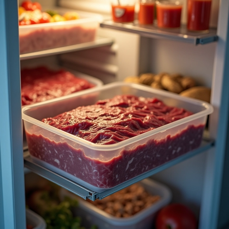 Carne cozida na panela de pressão sendo armazenada na geladeira.