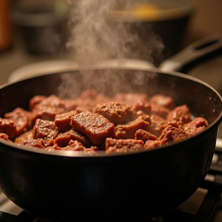 Carne cozinhando lentamente em uma panela no fogão.