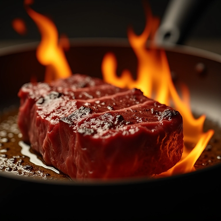 Carne de boi sendo selada em panela quente com azeite.