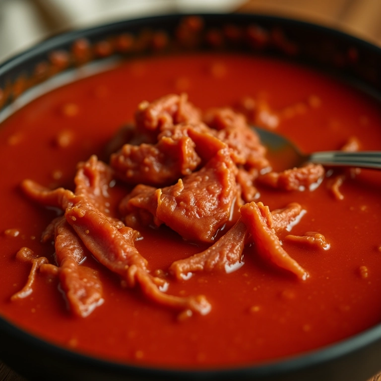 Carne desfiada sendo misturada ao molho em uma tigela.