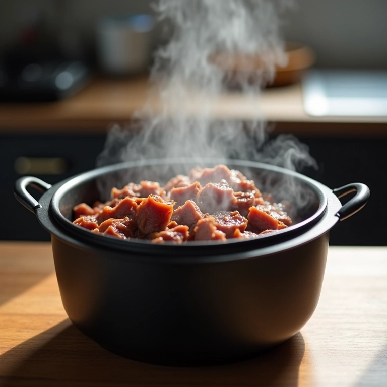 Carne Louca cozinhando em uma panela de pressão elétrica.