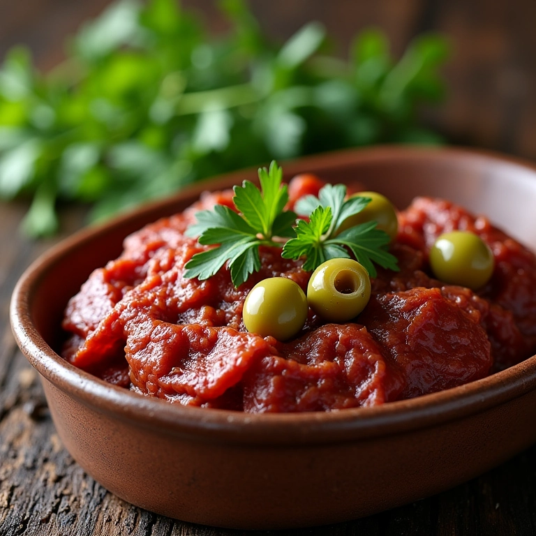 Carne Louca finalizada com azeitonas e cheiro verde em uma travessa.