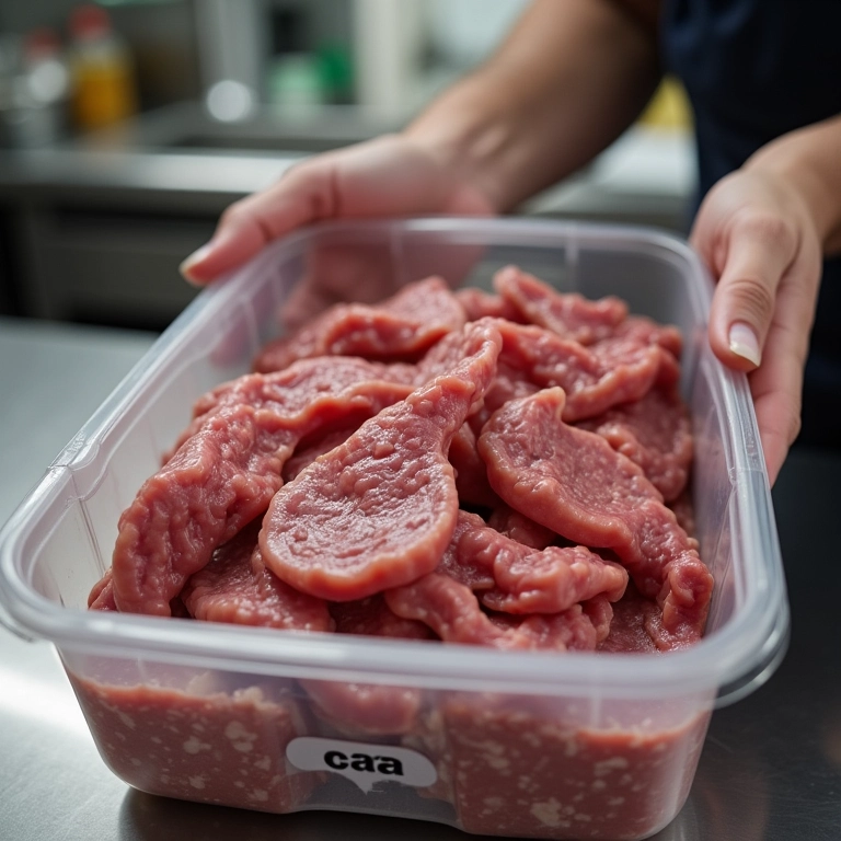 Carne Louca sendo colocada em um recipiente para congelamento.