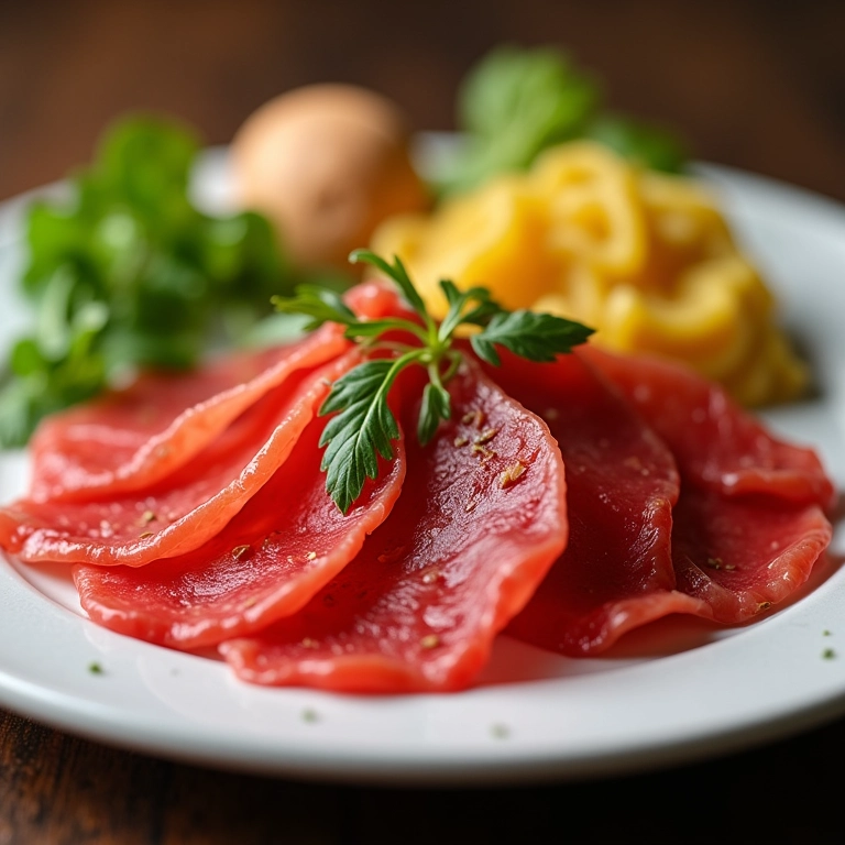 Carpaccio com molho de alcaparras, pronto para servir.