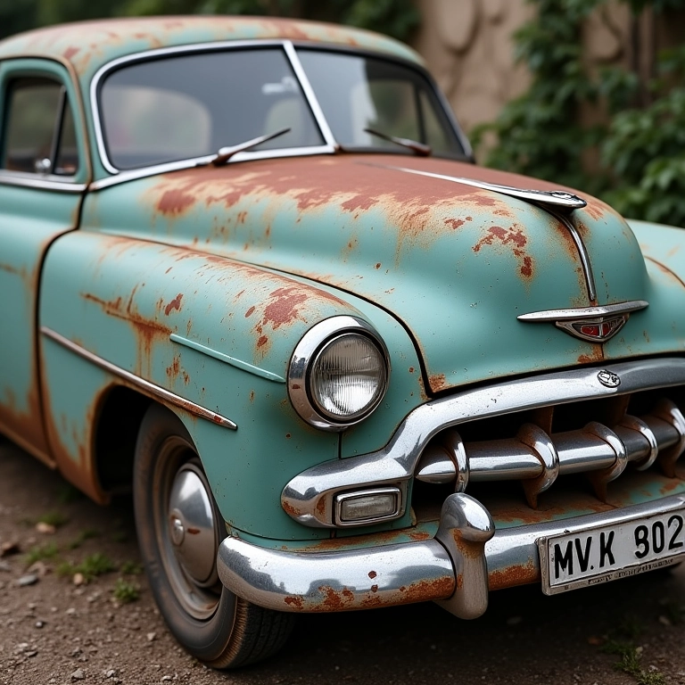 Carro vintage com pintura Rat Look, mostrando detalhes de ferrugem e tinta desbotada.