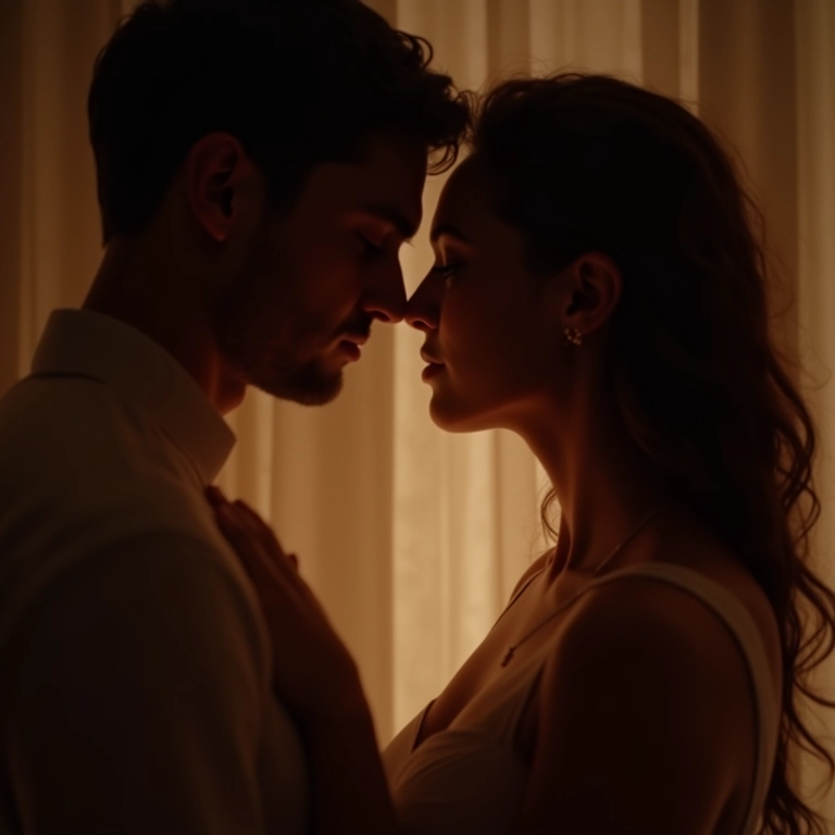 Casal em um momento íntimo, abraçados suavemente e expressando sensualidade.