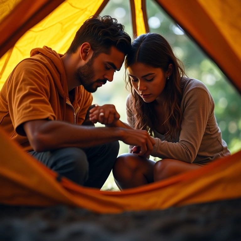 Casal testando a barraca de camping antes de usar.