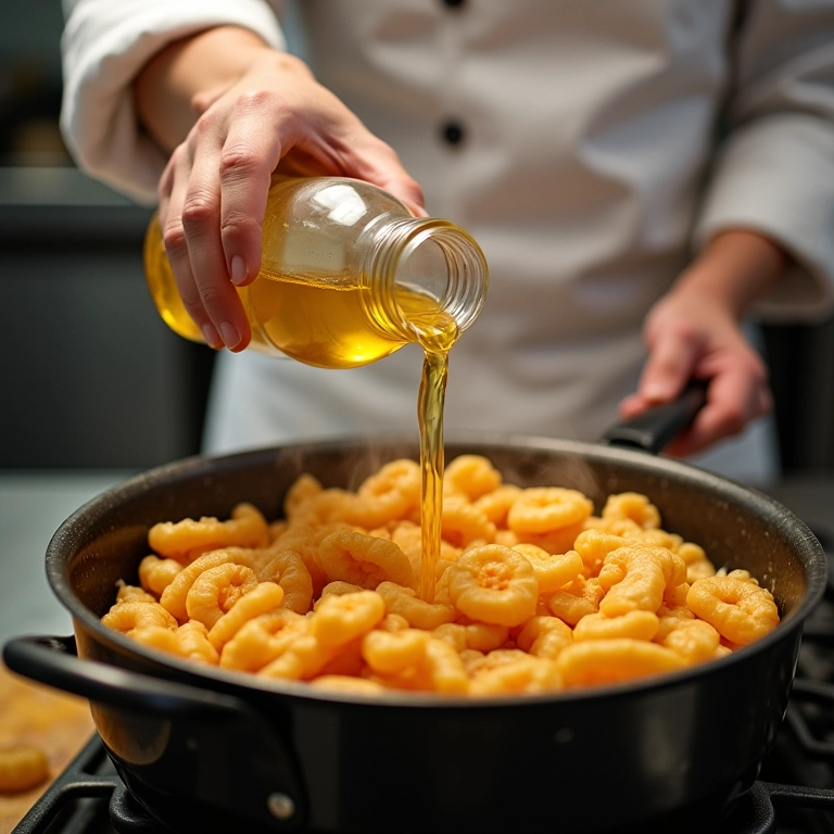 Chef adicionando óleo de algodão em panela para fritura.