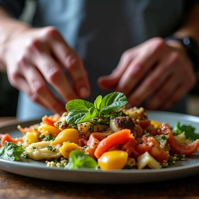 Chef profissional escolhendo e organizando ingredientes coloridos para um prato.