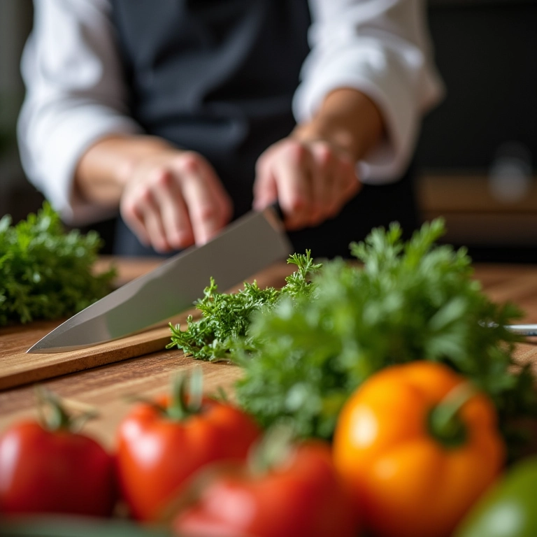 Chef utilizando faca de alta qualidade para cortar legumes frescos em uma tábua de madeira.