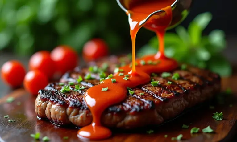 Chimichurri argentino fresco sobre carne grelhada suculenta.