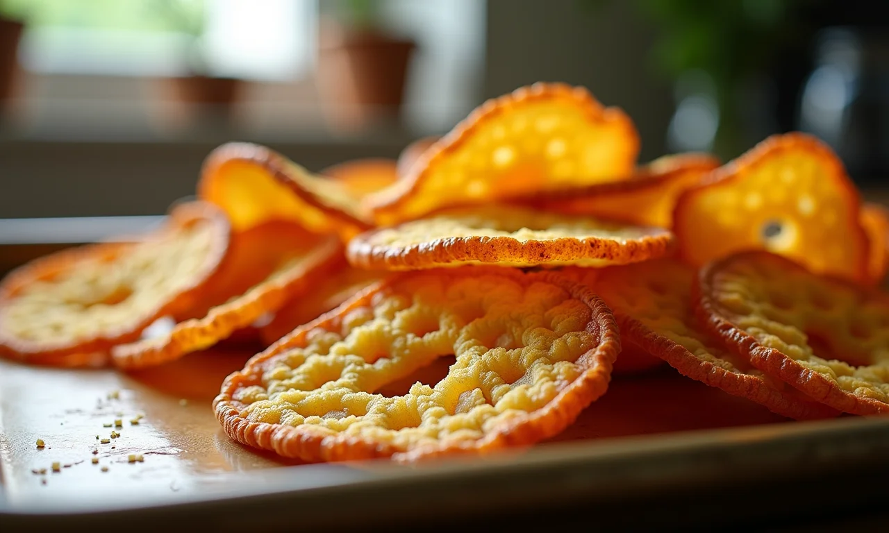 Chips de batata yacon assados, crocantes e dourados.