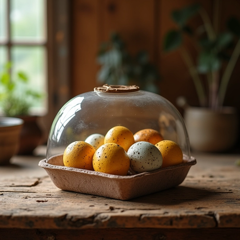 Chocadeira caseira para codorna em mesa de madeira rústica.