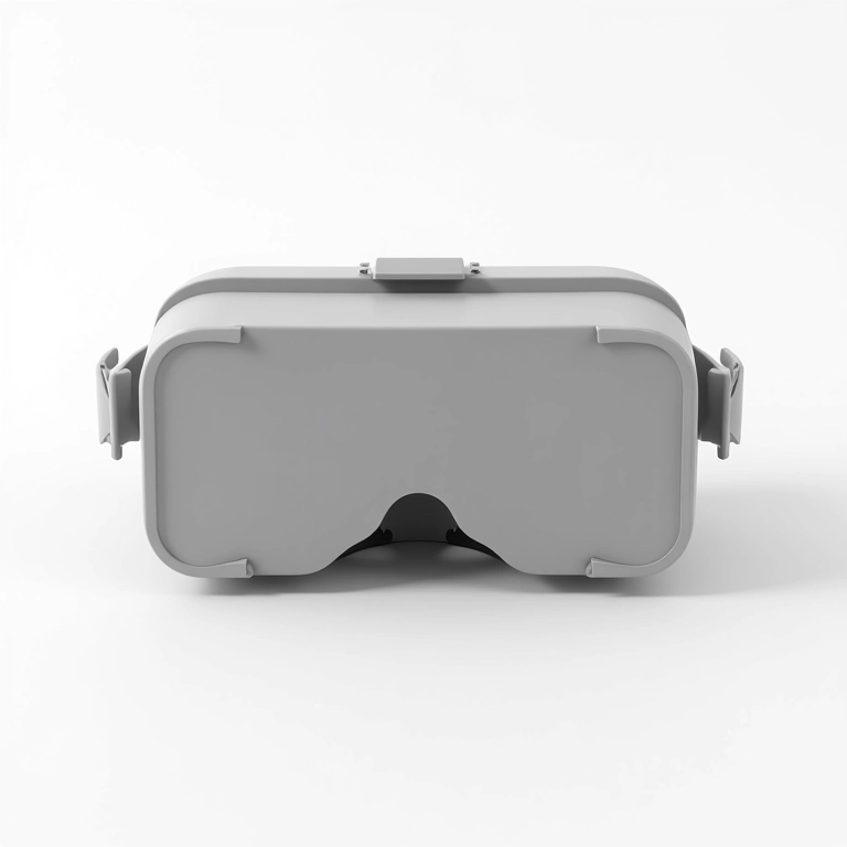 Close-up de Google Cardboard em fundo branco, design clean.