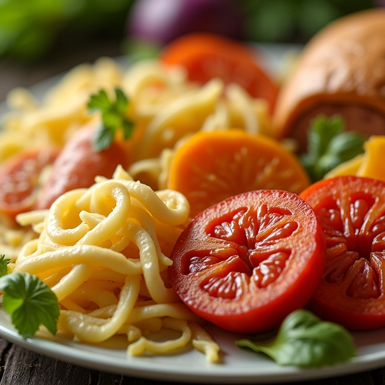 Close-up de texturas variadas em um prato, criando um visual apetitoso.