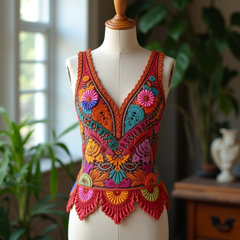 Colete de renda colorido em manequim.