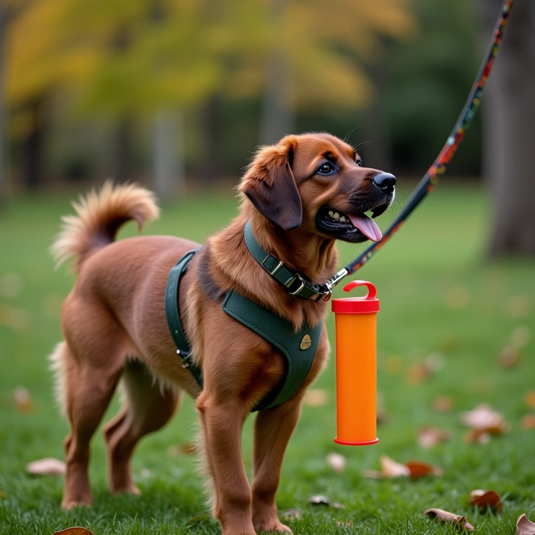 Coletor de fezes preso à guia do cachorro para passeios sem estresse.